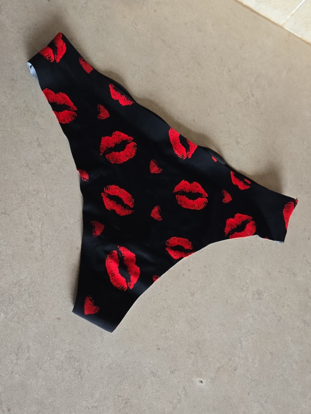 Black Thong Panty with Red Lip Print